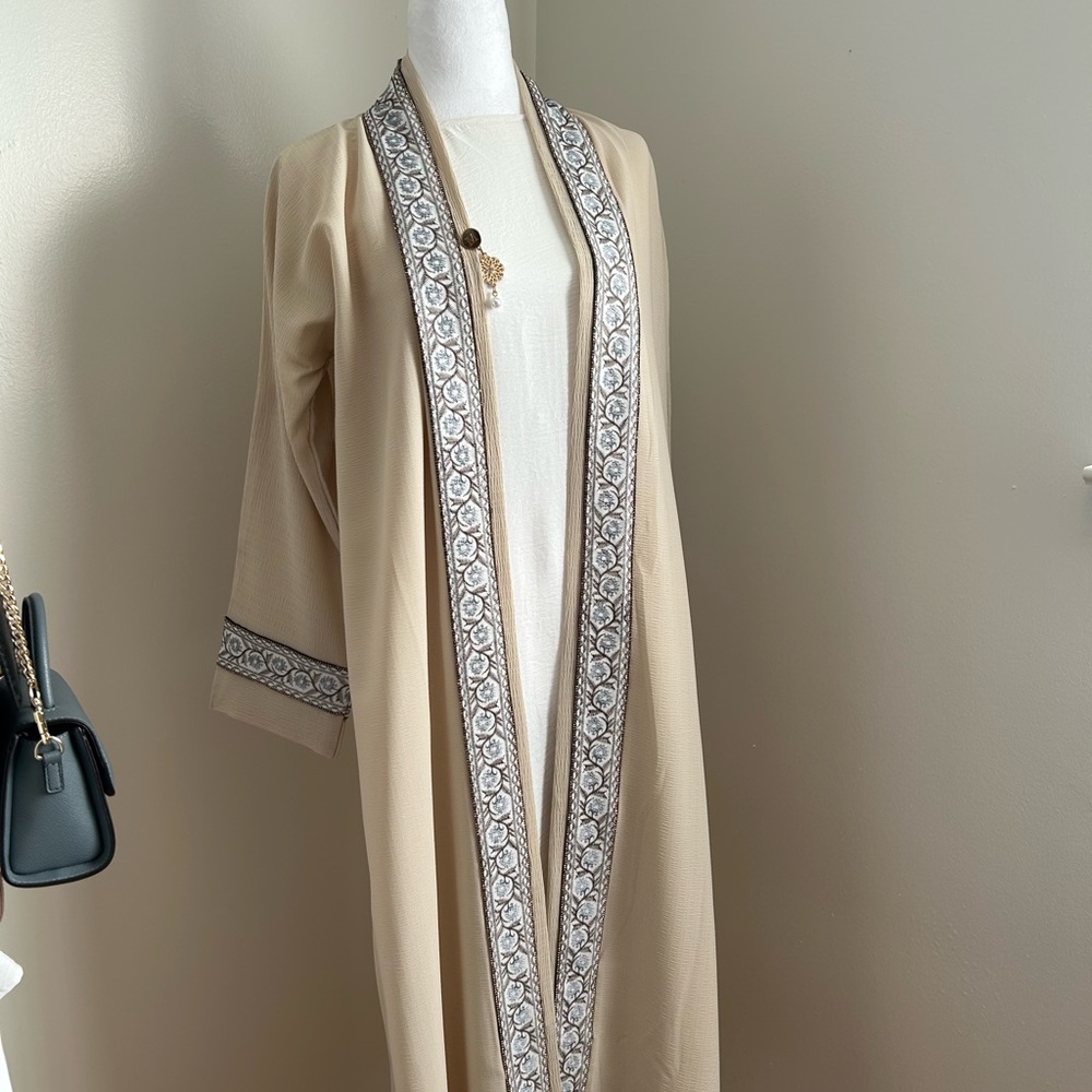 Beige Long Abaya with Embroidered Trim